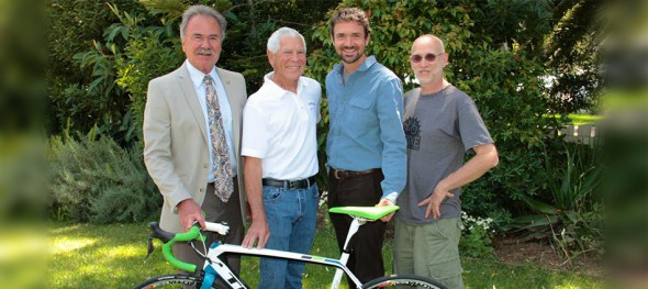 Gordon Sichi, Anacapa School’s founding headmaster; cycling coach Jack Bianchi; Ed France, executive director of Santa Barbara Bicycle Coalition; and Howard Booth, author of the “Pedal On” column in the Santa Barbara Independent pose alongside Barney Berglund’s racing bicycle.  Proceeds from the auction of the bike this summer seeded the Barney Berglund Scholarship Fund at Anacapa School. 